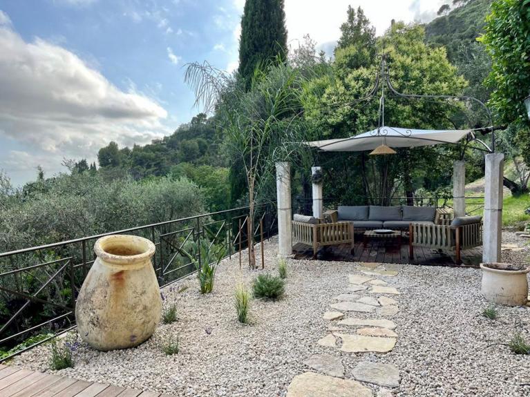 jardin mineral jarre de biot, salon de jardin moderne sous la tonnelle, planté de lavande palmier et oiseau du paradis